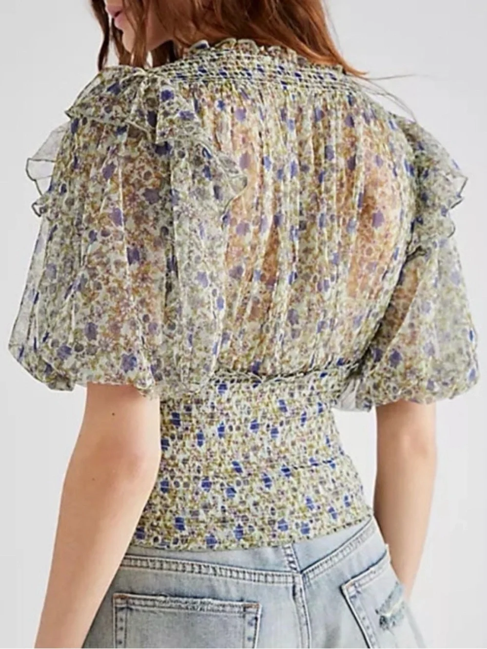 Free People Beatrice Floral Smocked Peasant Corset Blouse Top Green Puff Sleeve